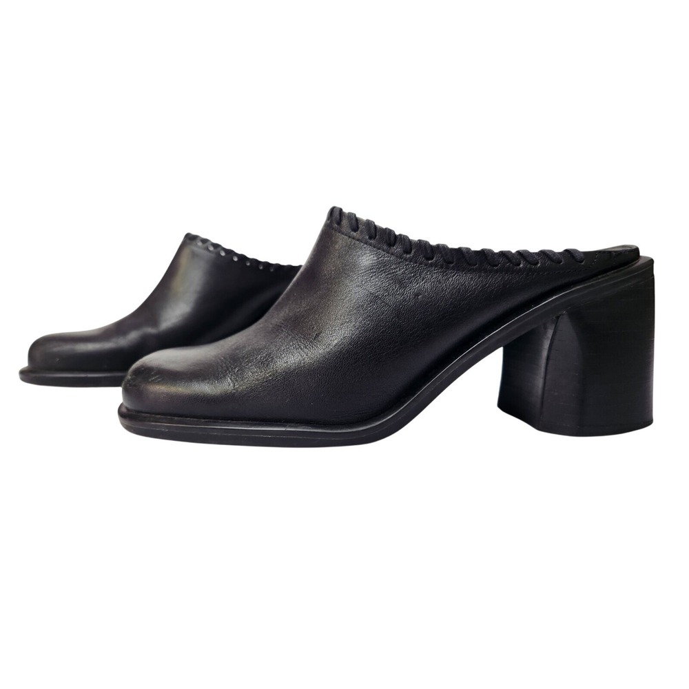 Gloria Vanderbilt Black Leather Square Toe Chunky Heel Mules Womens Size 6.5 Y2k